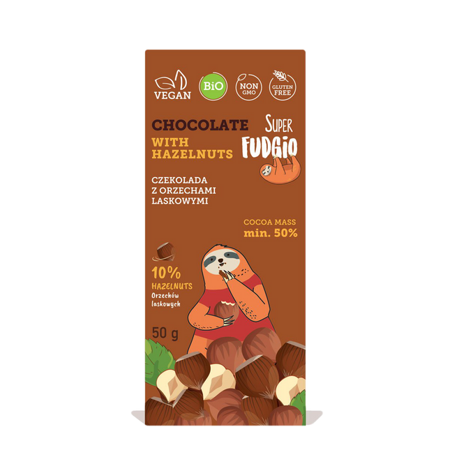Super Fudgio Organic & Vegan Chocolate with hazelnuts 50g - Longdan Online Supermarket