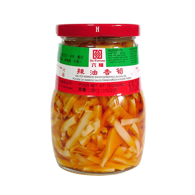 SIX FORTUNE Salted Bamboo Strips In Chilli Oil 375g (Case 24)