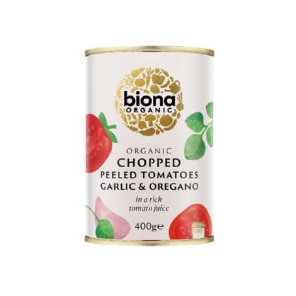 BIONA ORG Chopped Tomatoes w/ Garlic & Oregano - no BPA 400g (Case 12)