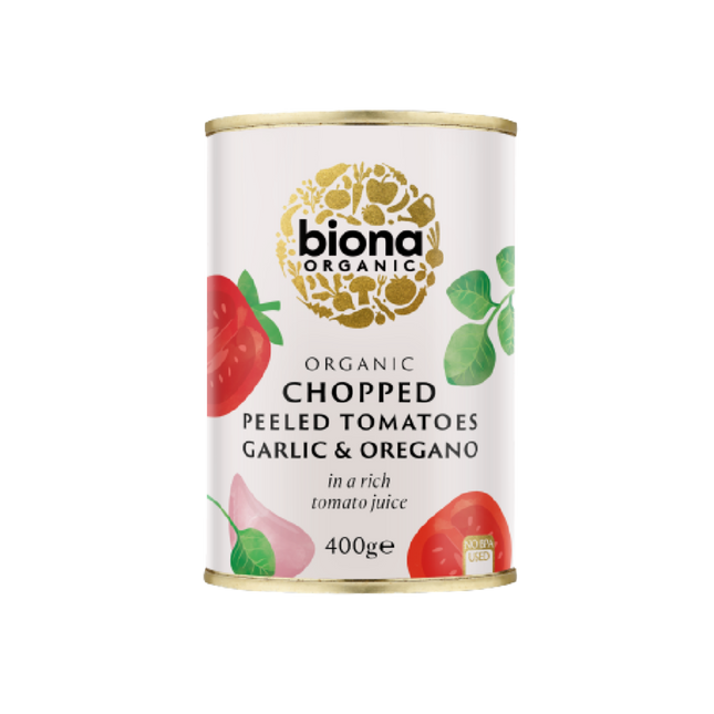 BIONA ORG Chopped Tomatoes w/ Garlic & Oregano - no BPA 400g (Case 12)