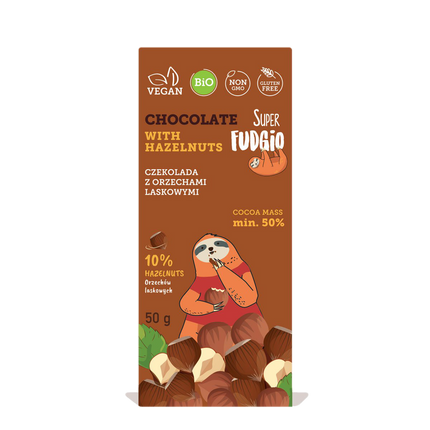 Super Fudgio Organic & Vegan Chocolate with hazelnuts 50g - Longdan Online Supermarket